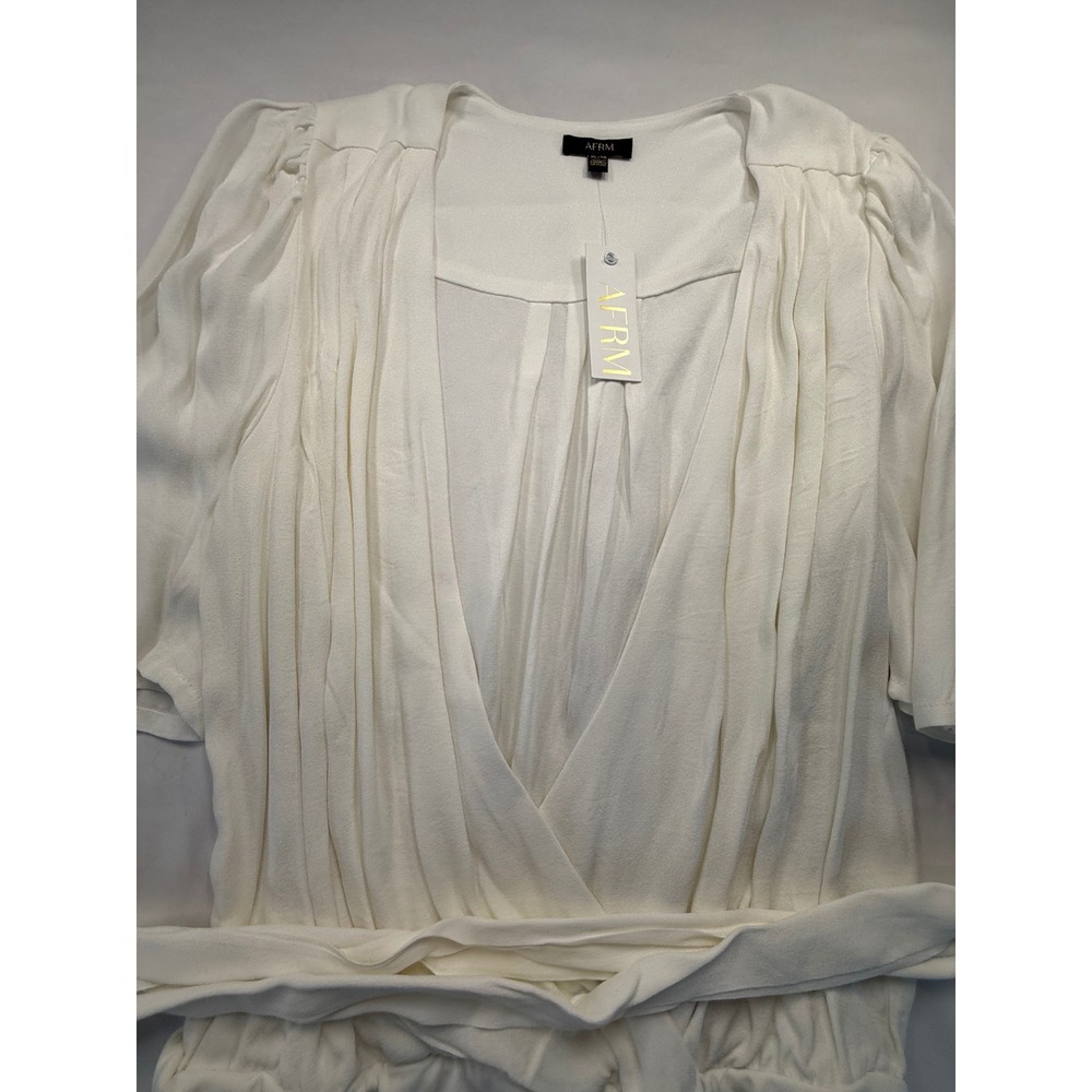 AFRM Womens White Wrap Bodysuit XL Short Sleeve V-Neck Pleated Tie Waist NWT